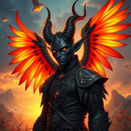 A striking tiefling with dark black skin and large, magnificent phoenix wings that burst with vibrant colors of orange, red, and gold