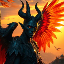 A striking tiefling with dark black skin and large, magnificent phoenix wings that burst with vibrant colors of orange, red, and gold