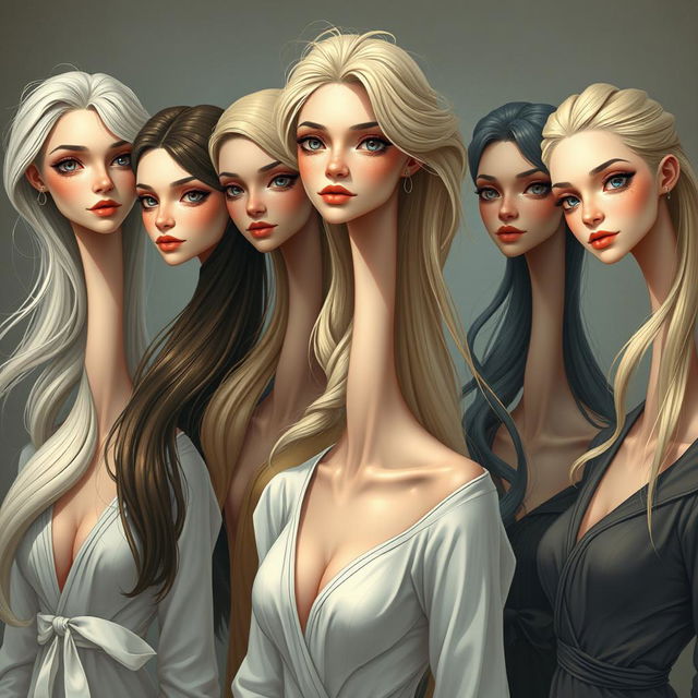 A hyper-realistic illustration of women with extraordinarily long necks, each extending approximately 50 cm