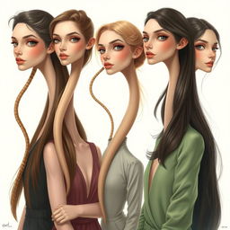 A hyper-realistic illustration of women with extraordinarily long necks, each extending approximately 50 cm