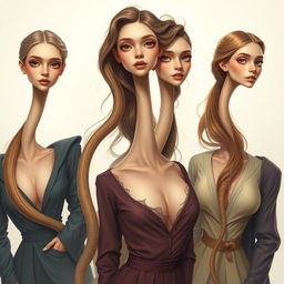 A hyper-realistic illustration of women with extraordinarily long necks, each extending approximately 50 cm