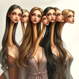 A hyper-realistic illustration of women with extraordinarily long necks, each extending approximately 50 cm