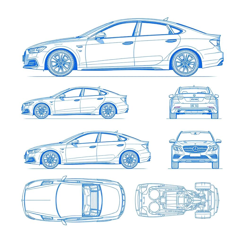 A detailed set of 6 car blueprints from a single model, showcasing the vehicle from various angles: front view, back view, right-side view, left-side view, top view, and side view