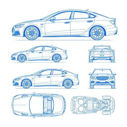 A detailed set of 6 car blueprints from a single model, showcasing the vehicle from various angles: front view, back view, right-side view, left-side view, top view, and side view