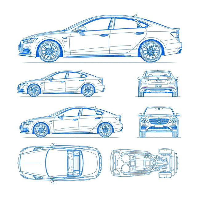 A detailed set of 6 car blueprints from a single model, showcasing the vehicle from various angles: front view, back view, right-side view, left-side view, top view, and side view