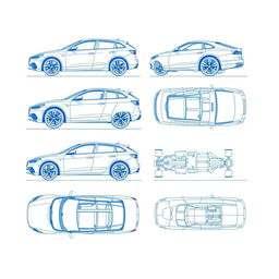 A detailed set of 6 car blueprints from a single model, showcasing the vehicle from various angles: front view, back view, right-side view, left-side view, top view, and side view