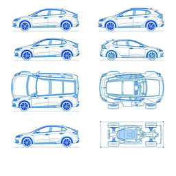 A detailed set of 6 car blueprints from a single model, showcasing the vehicle from various angles: front view, back view, right-side view, left-side view, top view, and side view