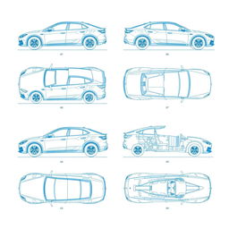 A detailed set of 6 car blueprints from a single model, showcasing the vehicle from various angles: front view, back view, right-side view, left-side view, top view, and side view