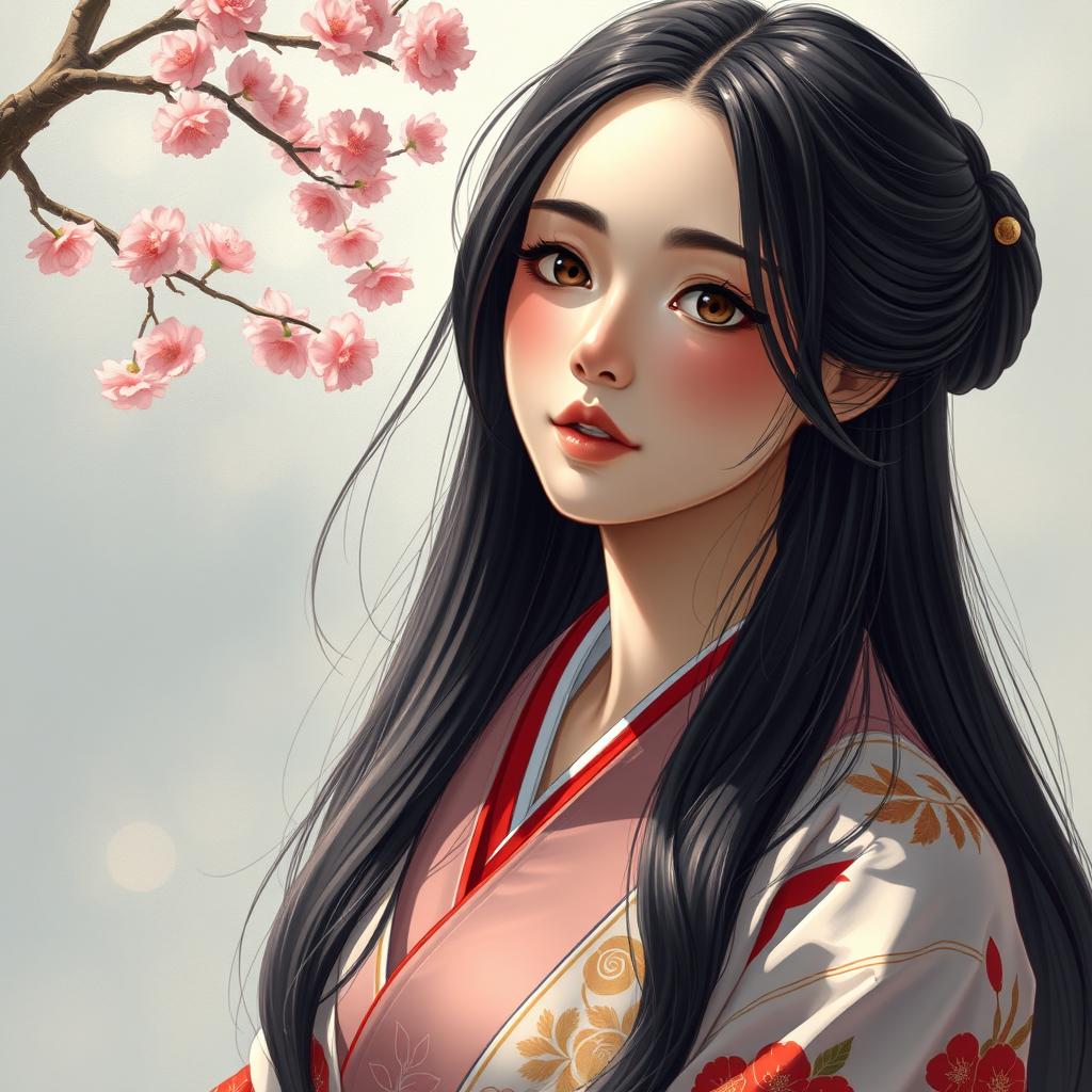 Una ilustración hiper-realista de una mujer japonesa con un cuello excepcionalmente largo que se extiende aproximadamente 50 cm