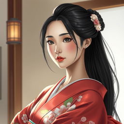 Una ilustración hiper-realista de una mujer japonesa con un cuello excepcionalmente largo que se extiende aproximadamente 50 cm