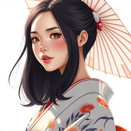 Una ilustración hiper-realista de una mujer japonesa con un cuello excepcionalmente largo que se extiende aproximadamente 50 cm