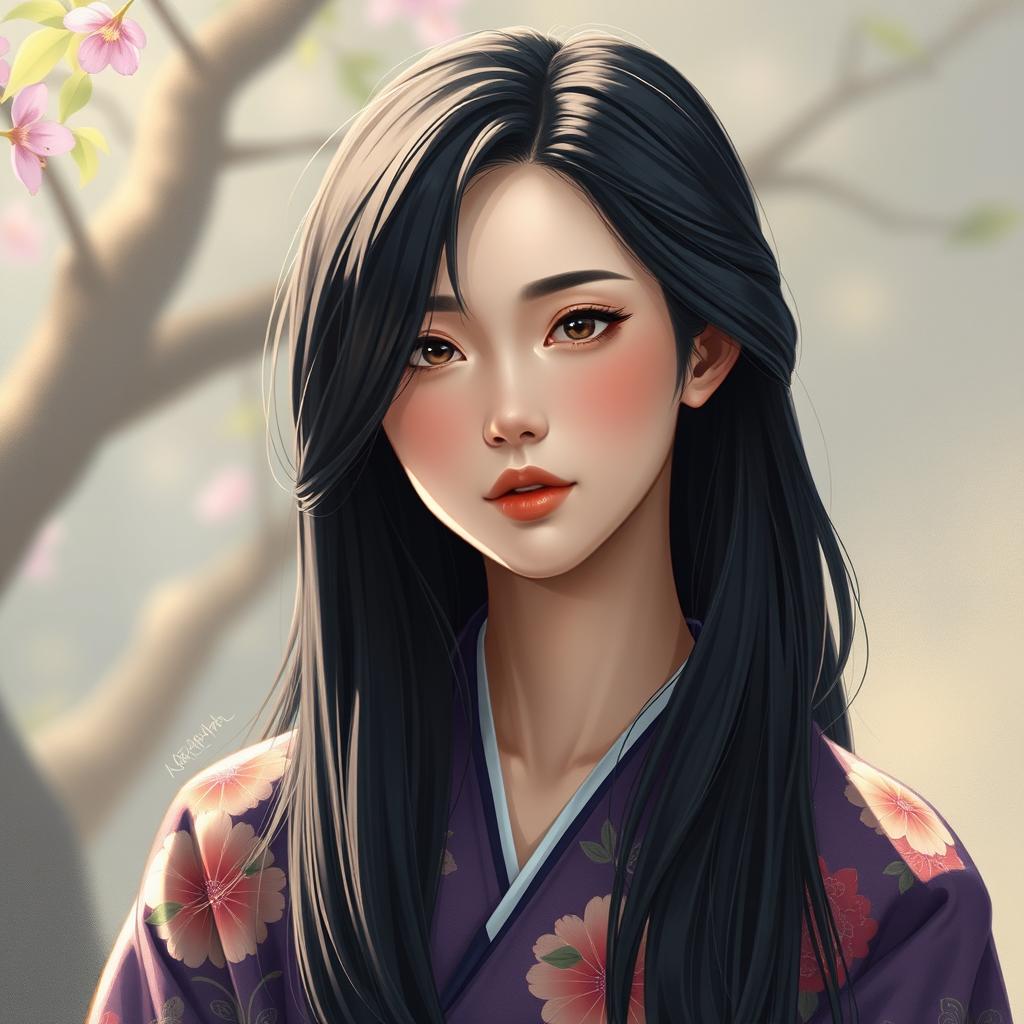 Una ilustración hiper-realista de una mujer japonesa con un cuello excepcionalmente largo que se extiende aproximadamente 50 cm