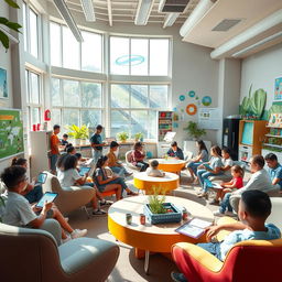 A vibrant, futuristic classroom filled with diverse students engaged in innovative educational activities