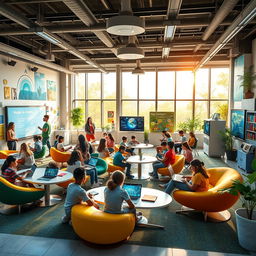 A vibrant, futuristic classroom filled with diverse students engaged in innovative educational activities