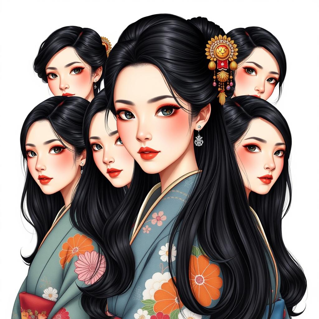 Una ilustración hiper-realista de mujeres japonesas con cuellos excepcionalmente largos, cada uno de aproximadamente 50 cm