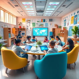 A vibrant, futuristic classroom filled with diverse students engaged in innovative educational activities