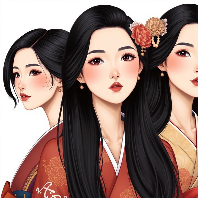 Una ilustración hiper-realista de mujeres japonesas con cuellos excepcionalmente largos, cada uno de aproximadamente 50 cm