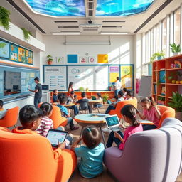 A vibrant, futuristic classroom filled with diverse students engaged in innovative educational activities