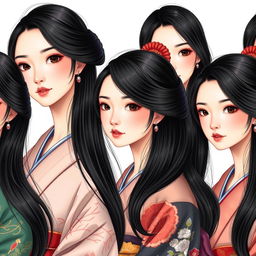 Una ilustración hiper-realista de mujeres japonesas con cuellos excepcionalmente largos, cada uno de aproximadamente 50 cm