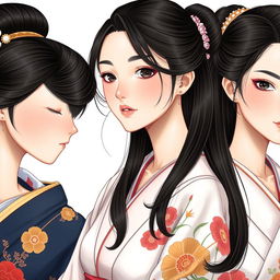 Una ilustración hiper-realista de mujeres japonesas con cuellos excepcionalmente largos, cada uno de aproximadamente 50 cm