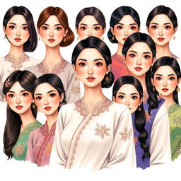 Una ilustración hiper-realista de un grupo de mujeres de Asia, cada una con cuellos extendidos y enrollados que miden aproximadamente 50 cm