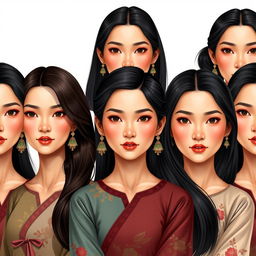 Una ilustración hiper-realista de un grupo de mujeres de Asia, cada una con cuellos extendidos y enrollados que miden aproximadamente 50 cm