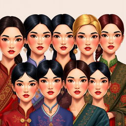 Una ilustración hiper-realista de un grupo de mujeres de Asia, cada una con cuellos extendidos y enrollados que miden aproximadamente 50 cm