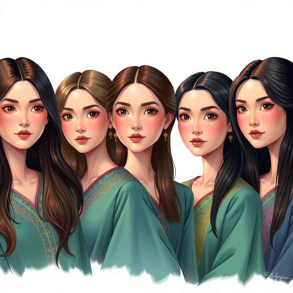 Una ilustración hiper-realista de un grupo de mujeres de Asia, cada una con cuellos extendidos y enrollados que miden aproximadamente 50 cm