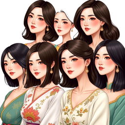 Una ilustración hiper-realista de mujeres de Asia con cuellos alargados, cada uno midiendo aproximadamente 50 cm