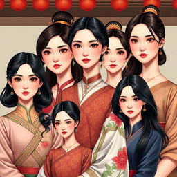 Una ilustración hiper-realista de mujeres de Asia con cuellos alargados, cada uno midiendo aproximadamente 50 cm