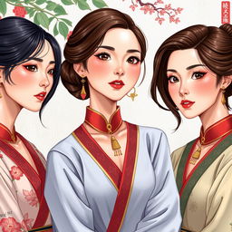 Una ilustración hiper-realista de mujeres de Asia con cuellos alargados, cada uno midiendo aproximadamente 50 cm