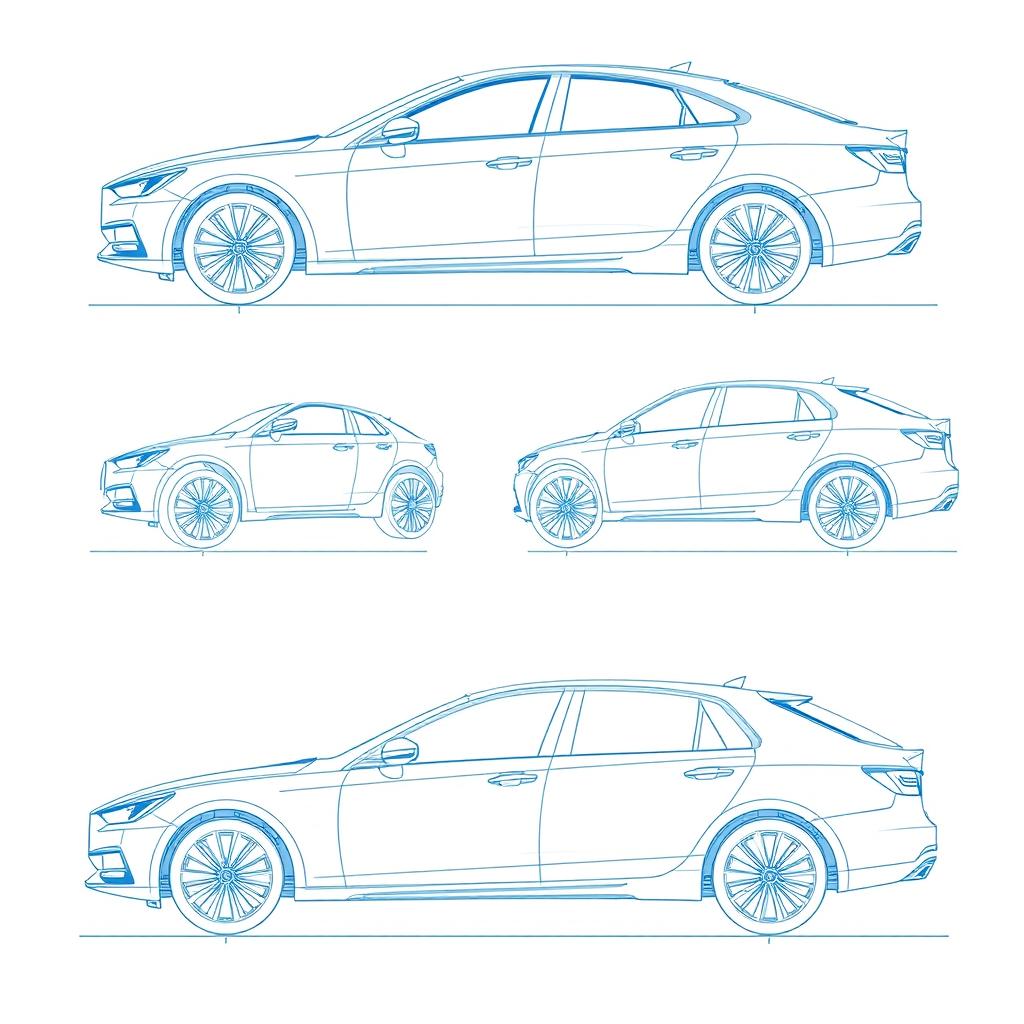 A set of 6 car blueprints from a single model, featuring comprehensive views: front view, back view, right side view, left side view, top view, and an angled side view