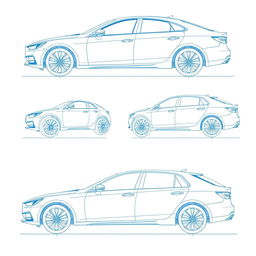 A set of 6 car blueprints from a single model, featuring comprehensive views: front view, back view, right side view, left side view, top view, and an angled side view