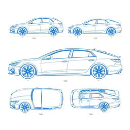 A set of 6 car blueprints from a single model, featuring comprehensive views: front view, back view, right side view, left side view, top view, and an angled side view