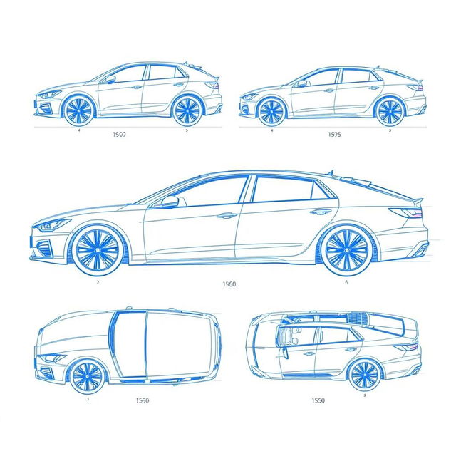 A set of 6 car blueprints from a single model, featuring comprehensive views: front view, back view, right side view, left side view, top view, and an angled side view