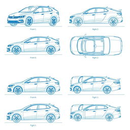 A set of 6 car blueprints from a single model, featuring comprehensive views: front view, back view, right side view, left side view, top view, and an angled side view