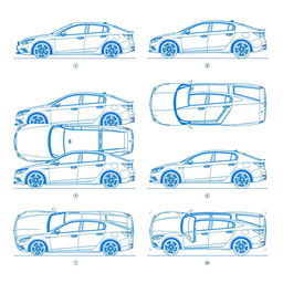 A set of 6 car blueprints from a single model, featuring comprehensive views: front view, back view, right side view, left side view, top view, and an angled side view