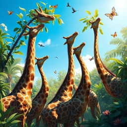 A hyper-realistic illustration featuring a group of extraordinary creatures with long necks in a vibrant natural setting