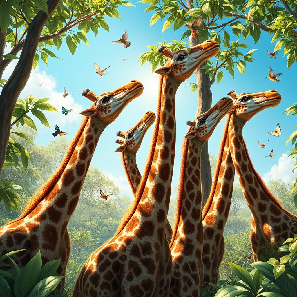 A hyper-realistic illustration featuring a group of extraordinary creatures with long necks in a vibrant natural setting