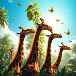 A hyper-realistic illustration featuring a group of extraordinary creatures with long necks in a vibrant natural setting