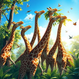 A hyper-realistic illustration featuring a group of extraordinary creatures with long necks in a vibrant natural setting