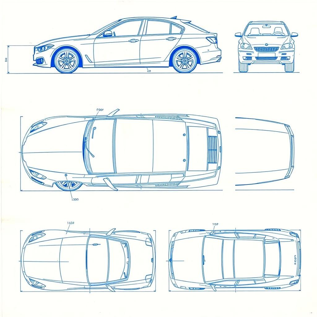 A detailed collection of 6 car blueprint photos from a single model car, featuring views from various perspectives: front view, back view, right side view, left side view, top view, and an overhead view