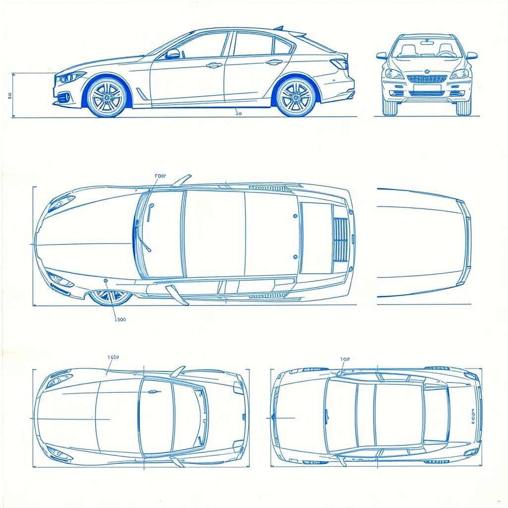 A detailed collection of 6 car blueprint photos from a single model car, featuring views from various perspectives: front view, back view, right side view, left side view, top view, and an overhead view