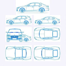 A detailed collection of 6 car blueprint photos from a single model car, featuring views from various perspectives: front view, back view, right side view, left side view, top view, and an overhead view