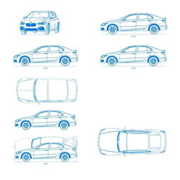 A detailed collection of 6 car blueprint photos from a single model car, featuring views from various perspectives: front view, back view, right side view, left side view, top view, and an overhead view