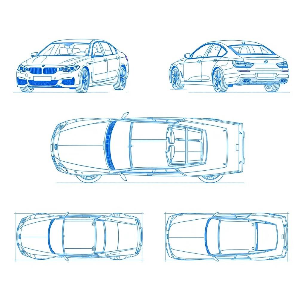 A detailed collection of 6 car blueprint photos from a single model car, featuring views from various perspectives: front view, back view, right side view, left side view, top view, and an overhead view