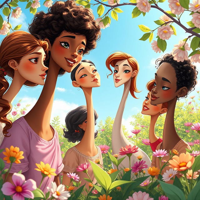 A hyper-realistic illustration depicting a group of girls with extraordinarily long necks in a whimsical outdoor setting