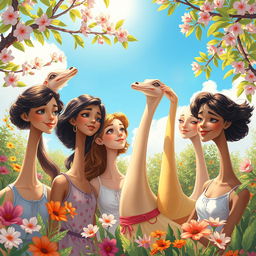 A hyper-realistic illustration depicting a group of girls with extraordinarily long necks in a whimsical outdoor setting