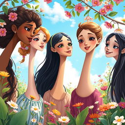 A hyper-realistic illustration depicting a group of girls with extraordinarily long necks in a whimsical outdoor setting