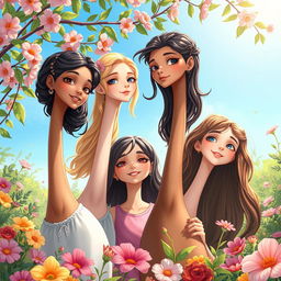 A hyper-realistic illustration depicting a group of girls with extraordinarily long necks in a whimsical outdoor setting